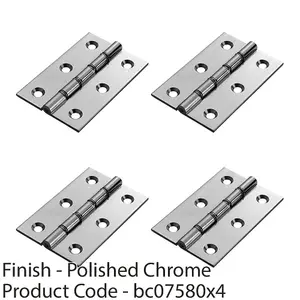 4 PACK - PAIR Double Steel Washered Brass Butt Hinge 102 x 67 Polished Chrome Door Fixing