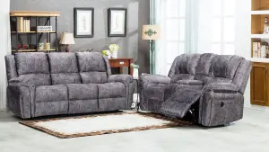 Galaxy 3 + 2 Electric Reclining Grey Plush Velvet Fabric Sofa Suite