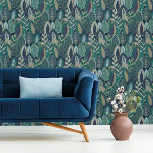 Sublime Patterned Blue Arty Leaves Embossed Wallpaper