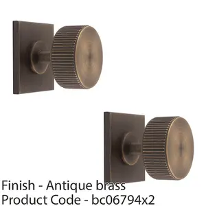 2 PACK - Reeded Radio Cabinet Door Knob & Matching Backplate - Antique Brass 40 x 40mm