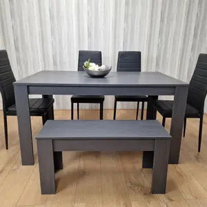 Dining Table and 4 Chairs With a Bench  Black Dark Grey 4 Black Leather Chairs 1 Grey Bench Wood Dining Set Furniture