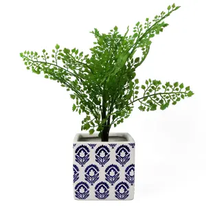 12cm Ceramic Cube Planter with Decorative Print Blue Tulip