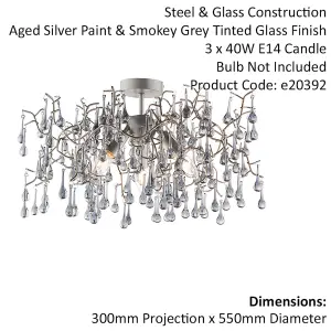 Aged Silver Semi Flush Decorative Branch Ceiling Light - Tinted Glass Droplets