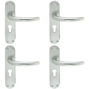 4 PACK - Rounded Sleek Latch & EURO Lock Door Handle - Satin Chrome Lever on Backplate