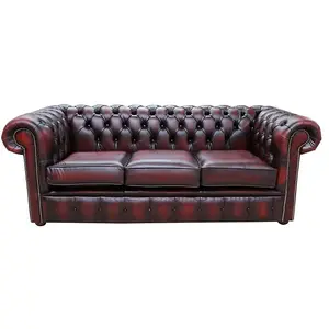 Chesterfield 3 Seater Antique Oxblood Red Real Leather Tufted Buttoned Sofa In Classic Style