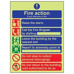 Fire Action 6 Message Safety Sign - Glow in the Dark - 150x200mm (x3)