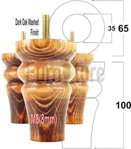 4 Turned Solid Wood Furniture Legs Replacement Settee Feet 100mm High Sofa Chair Bed M8 Dark Oak Wash SOF3211