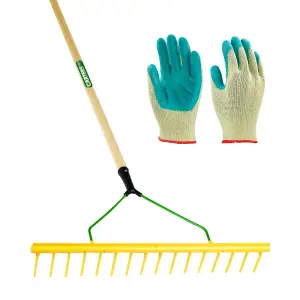 Pegdev - PDL - 16 Tooth Polypropylene Landscape Rake with Gardening Gloves, Medium/Large - Essential Garden Tool Set.