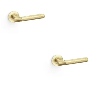 2 PACK - SOLID BRASS Knurled Door Handle Set - Satin Brass Straight Lever on Round Rose