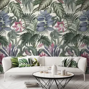 Grandeco Delicate Jungle Botanical XXL Leaves & Flowers Green & Pink 3 Lane Repeatable Wallpaper Mural 159 x 280cm