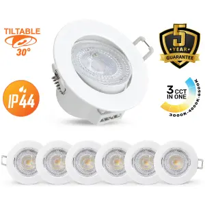 paul russells LED Downlight White Tilt Recessed Ceiling SpotLight 4.8W 500 Lumens, IP44, Colour Changeable CCT3 Pack of 6