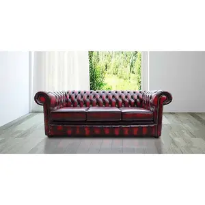 Chesterfield 3 Seater Antique Oxblood Red Leather Sofa In Classic Style