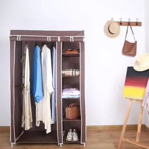 Fabric Canvas Wardrobe Organizer Clothes Rail Shelves Storage Closet Double Tall - Brown