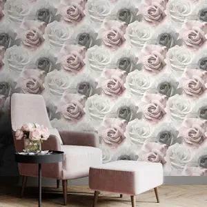 Pink Grey White Floral Rose Bloom Flower Wall Mural Feature Wallpaper