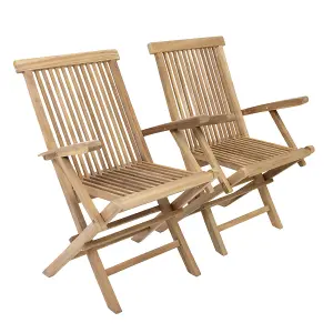 Charles Bentley Pair of Solid Wooden Teak Garden Outdoor Folding Arm Chairs