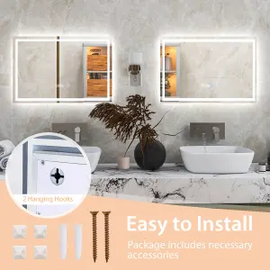 Costway 75 x 50 CM LED Bathroom Mirror Wall Mounted Rectangle Mirror wuth 3-Color Dimmable Lights