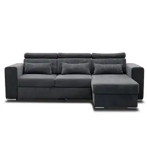 Miami Grey Fabric Reversible L Shaped Corner Sofa Bed with Storage and Headrests 3-4 Seater