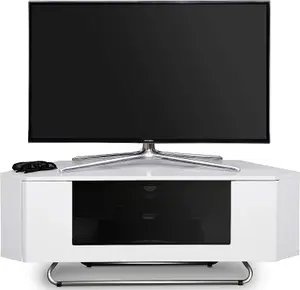 Homeology Hampshire Corner-Friendly Gloss White with Black Glass Beam-Thru Remote Friendly Door up to 50" Flat Screen TV Cabinet