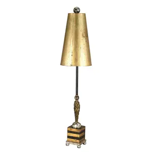 Table Lamp Gold Black Striped Base Round Feet Glazed Gold Leaf Shade LED E27 60W