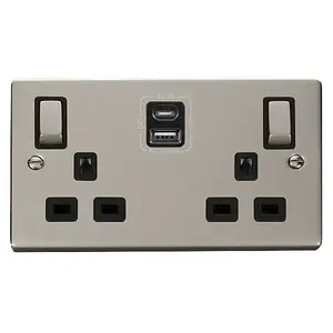 Pearl Nickel 2 Gang 13A DP Ingot Type A & C USB Twin Double Switched Plug Socket - Black Trim - SE Home