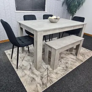 Grey Kitchen Dining Table, 4 Black Tufted Velvet Chairs and 1 Bench Dining Set