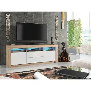 TV Unit 160cm Sideboard Cabinet Cupboard TV Stand Living Room High Gloss Doors - Oak & White