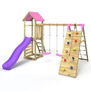 Rebo Challenge Wooden Climbing Frame with Swings, Slide and Up & over Climbing wall - Greenhorn Pink