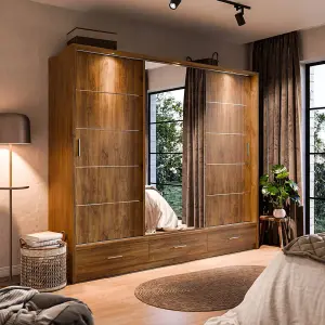 Modern Lux Wardrobe with Shelves and Mirrored Door in Oak Sterling - LED Lit Storage Solution (H2150mm W2500mm D630mm)