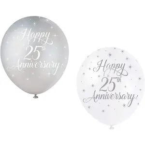 Unique Party Latex 25th Anniversary Balloons (Pack of 5) Silver/White (One Size)