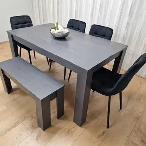 Dining Table and 4 Chairs With Bench Black Dark Grey 4 Velvet Chairs Wooden Bench Wood Dining Set Furniture