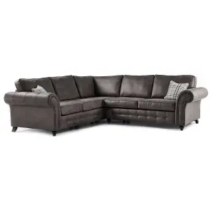 Oakland Corner Sofas (5 Seaters) Charcoal Grey Leather Air L Shaped Chesterfield Suite