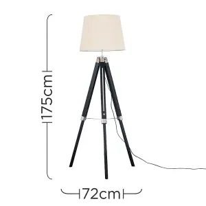 ValueLights Clipper Black Wood and Silver Chrome Tripod Floor Lamp with Beige Tapered Light Shade with 6w LED GLS Bulb