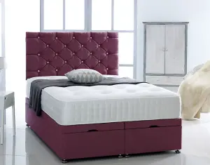 5FT King Maroon Chenille Foot Lift Ottoman Bed With Headboard & Mattress