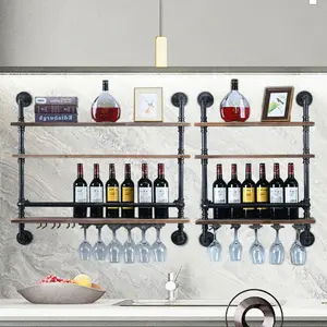 Ade Wall Mounted Wine Bottle & Glass Rack in Black/Brown