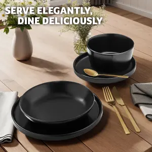 Crockery Set Una - 6 of each dinnerware, dishwasher- and microwave-safe - black 24 pc