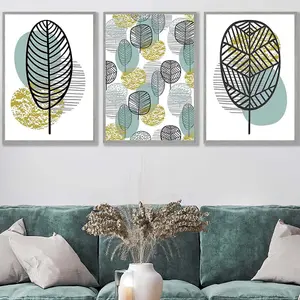 Set of 3 Mid Century Floral Pattern in Yellow and Blue Wall Art Prints / 50x70cm / Light Grey Frame