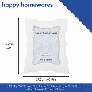 Classic and Ornate Polyresin Matt White 5x7 Photo Frame with 3D Floral Decor