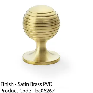 Reeded Ball Door Knob - 38mm Diameter Satin Brass Lined Cupboard Pull Handle