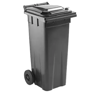 140L Grey Coloured Wheelie Bin Compact Sized Ideal For Small Gardens Complete With Rubber Wheels & Lid