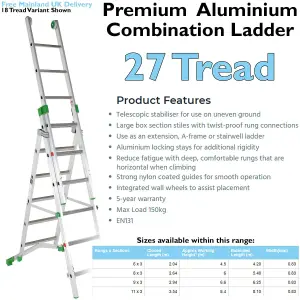 PREMIUM 27 Tread Combination Ladder 3 Section Extension Step Frame & Stairwell