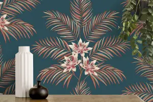 Fine Decor Bali Tropical Floral Teal Peacock Wallpaper FD43280