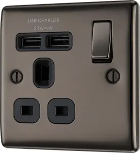 BG Black Nickel Single 13A Raised slim Switched Screwed Socket with USB, x2 & Black inserts