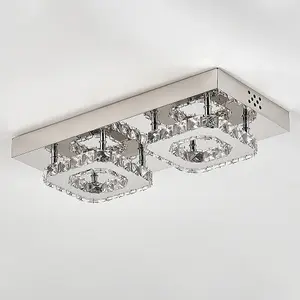 Modern 42cm W Small Chrome Effect Crystal Flush LED Cool White Ceiling Light Fixture