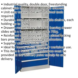 Heavy-Duty 1800mm Double Door Industrial Cabinet with 5 Drawers and 3 Shelves