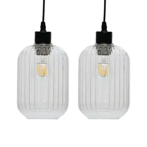 First Choice Lighting Set of 2 Batley Clear Ribbed Glass Easy Fit Pendant Shades