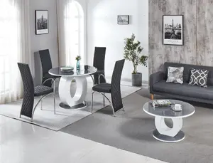 Modernique Giulia Round Grey 100 cm Tempered Glass Top White Dining Table with 4 Black Faux Leather Dining Chairs