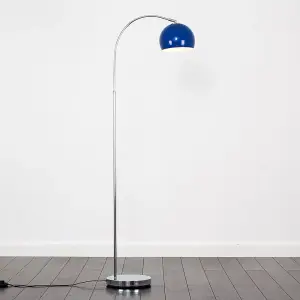 ValueLights Polished Chrome Curved Stem Floor Lamp With Gloss Navy Metal Dome Light Shade