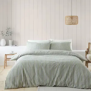 Brushed Cotton Stripe Duvet Cover Set Green / Double