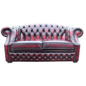 Chesterfield 2 Seater Antique Oxblood Red Leather Sofa Bespoke In Buckingham Style