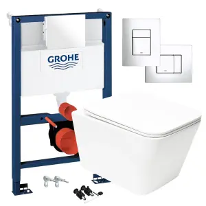 Square Gloss White Hidden Fixation Rimless Wall Hung Toilet Pan & GROHE 0.82m Concealed WC Cistern Frame